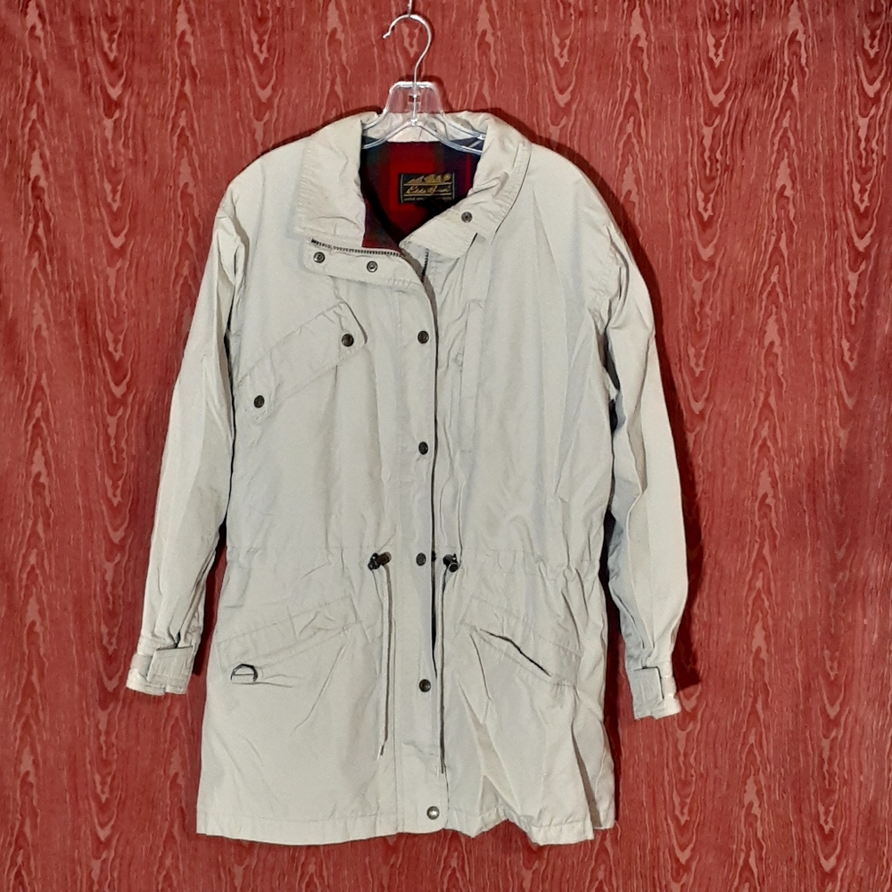 EDDIE BAUER UNISEX Beige Button Up Hooded Pockets Zip&Snap Closure Sz M Outdoors